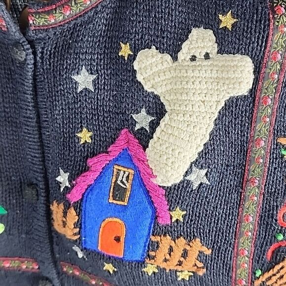 Vintage Halloween Boo Size L Knit Embroidered Cardigan Sweater - Picture 9 of 16